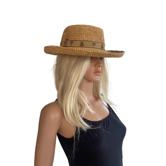 SCALA Wide Brim Straw Raffia Safari Hat S/M Unisex Palm Trees Pineapple Hat - Picture 3 of 15